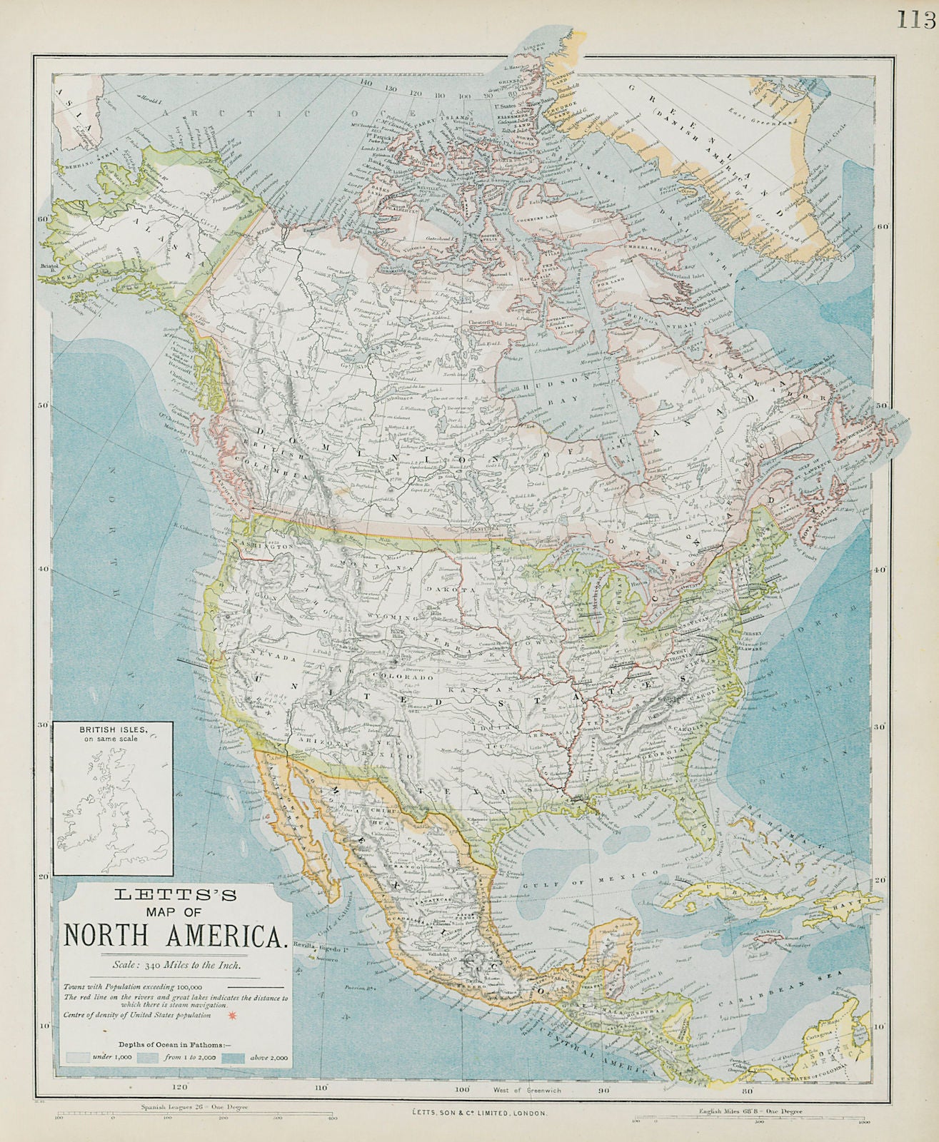 NORTH AMERICA showing Union Pacific transcontinental railroad. LETTS 1884 map